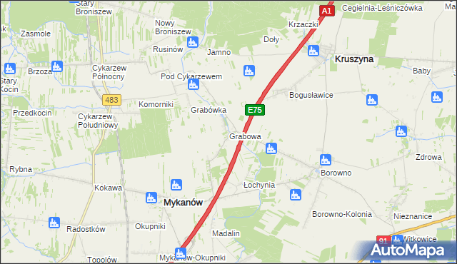 mapa Grabowa gmina Mykanów, Grabowa gmina Mykanów na mapie Targeo