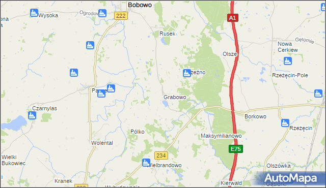mapa Grabowo gmina Bobowo, Grabowo gmina Bobowo na mapie Targeo