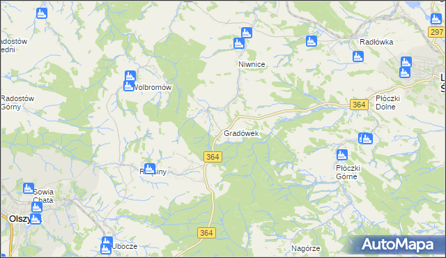 mapa Gradówek gmina Lwówek Śląski, Gradówek gmina Lwówek Śląski na mapie Targeo