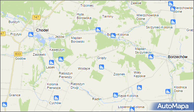 mapa Grądy gmina Chodel, Grądy gmina Chodel na mapie Targeo