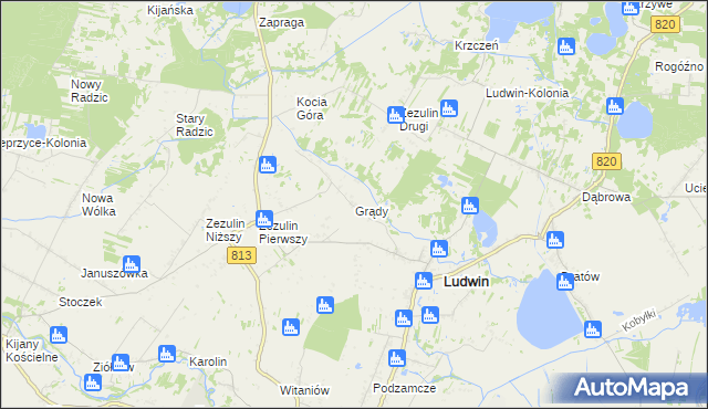 mapa Grądy gmina Ludwin, Grądy gmina Ludwin na mapie Targeo