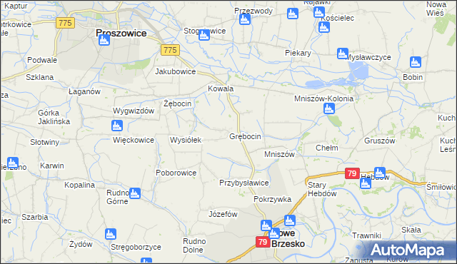 mapa Grębocin gmina Nowe Brzesko, Grębocin gmina Nowe Brzesko na mapie Targeo