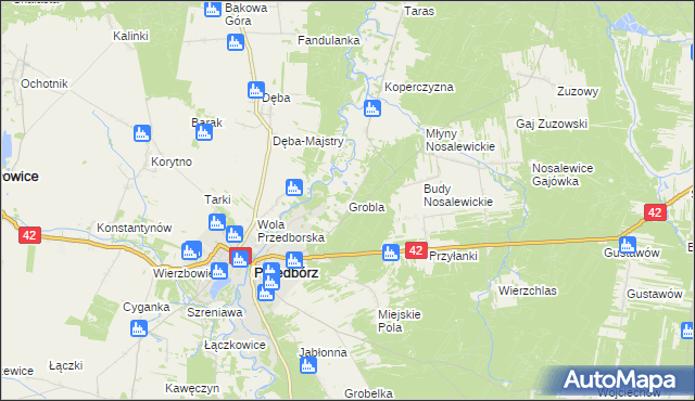 mapa Grobla gmina Przedbórz, Grobla gmina Przedbórz na mapie Targeo
