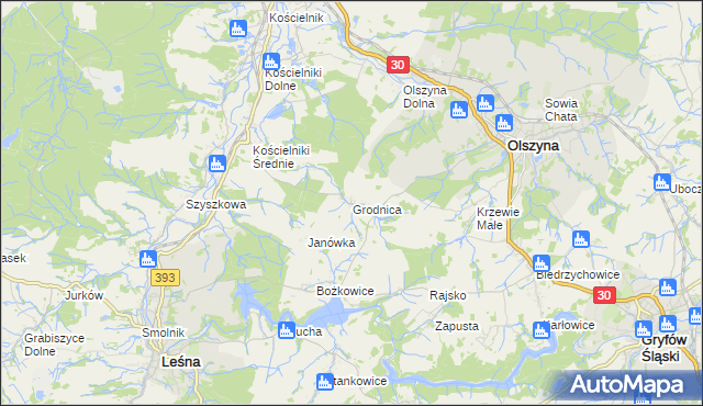 mapa Grodnica gmina Olszyna, Grodnica gmina Olszyna na mapie Targeo