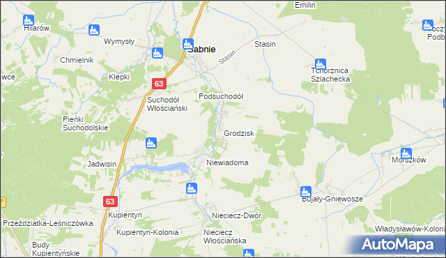 mapa Grodzisk gmina Sabnie, Grodzisk gmina Sabnie na mapie Targeo