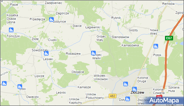 mapa Grójec Wielki gmina Złoczew, Grójec Wielki gmina Złoczew na mapie Targeo