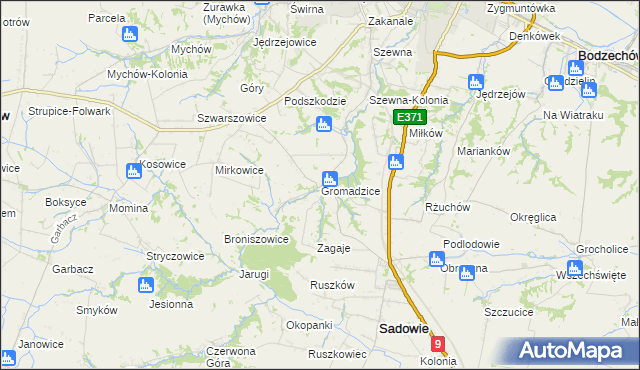 mapa Gromadzice gmina Bodzechów, Gromadzice gmina Bodzechów na mapie Targeo