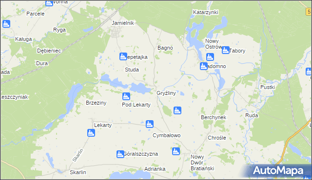 mapa Gryźliny gmina Nowe Miasto Lubawskie, Gryźliny gmina Nowe Miasto Lubawskie na mapie Targeo