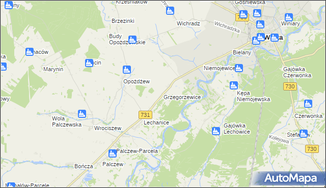 mapa Grzegorzewice gmina Warka, Grzegorzewice gmina Warka na mapie Targeo