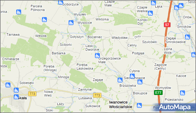 mapa Grzegorzowice Małe, Grzegorzowice Małe na mapie Targeo