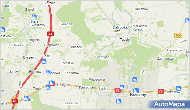 mapa Grzmiąca gmina Brzeziny, Grzmiąca gmina Brzeziny na mapie Targeo