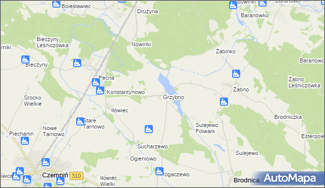 mapa Grzybno gmina Brodnica, Grzybno gmina Brodnica na mapie Targeo