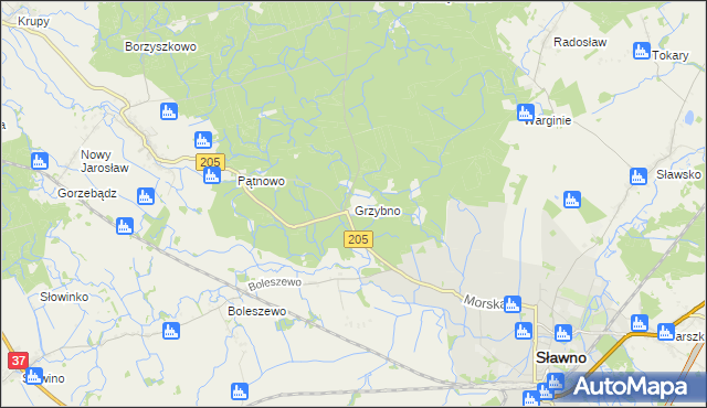 mapa Grzybno gmina Sławno, Grzybno gmina Sławno na mapie Targeo