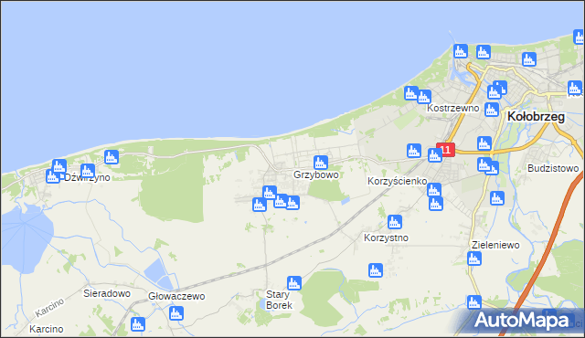 mapa Grzybowo gmina Kołobrzeg, Grzybowo gmina Kołobrzeg na mapie Targeo