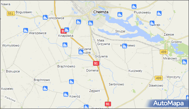 mapa Grzywna gmina Chełmża, Grzywna gmina Chełmża na mapie Targeo