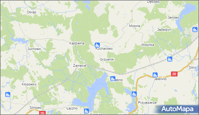 mapa Grzywnik gmina Borne Sulinowo, Grzywnik gmina Borne Sulinowo na mapie Targeo