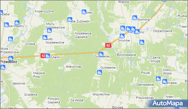 mapa Gustawów gmina Przedbórz, Gustawów gmina Przedbórz na mapie Targeo