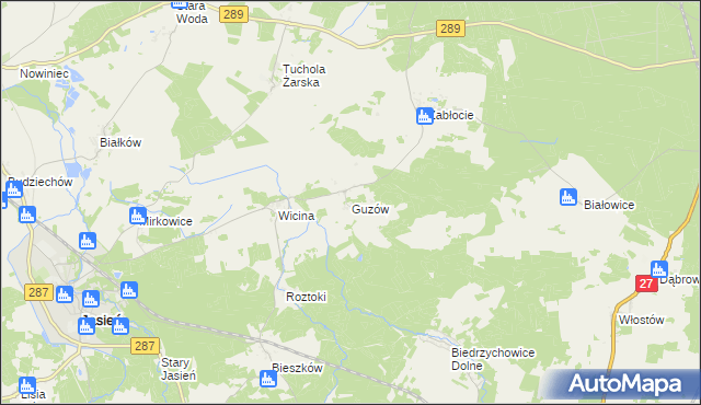 mapa Guzów gmina Jasień, Guzów gmina Jasień na mapie Targeo