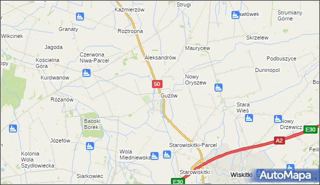 mapa Guzów gmina Wiskitki, Guzów gmina Wiskitki na mapie Targeo