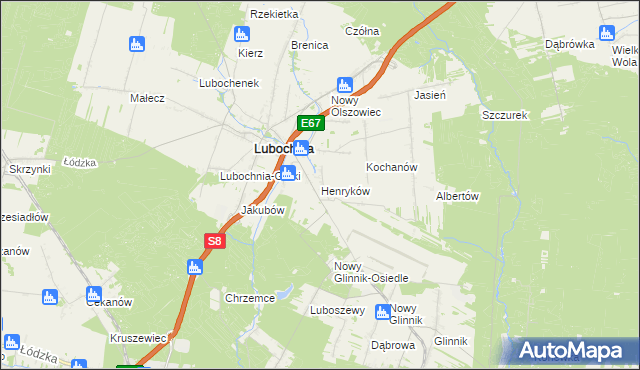 mapa Henryków gmina Lubochnia, Henryków gmina Lubochnia na mapie Targeo