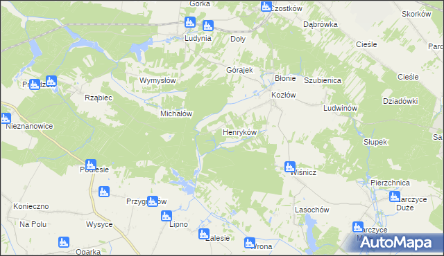 mapa Henryków gmina Małogoszcz, Henryków gmina Małogoszcz na mapie Targeo