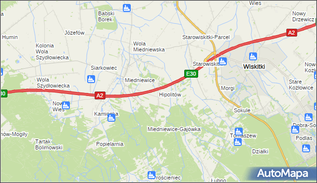 mapa Hipolitów gmina Wiskitki, Hipolitów gmina Wiskitki na mapie Targeo