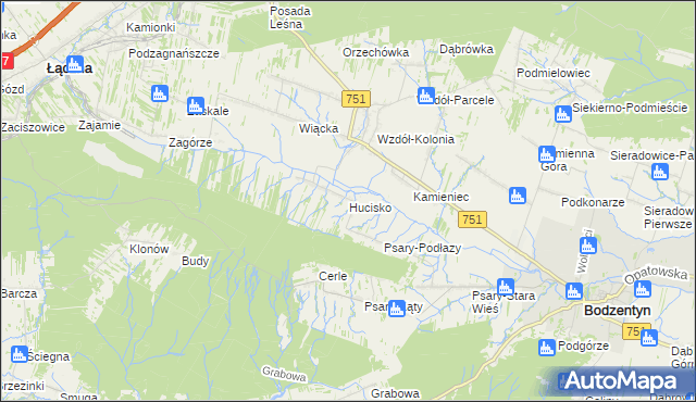 mapa Hucisko gmina Bodzentyn, Hucisko gmina Bodzentyn na mapie Targeo