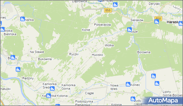 mapa Hucisko gmina Harasiuki, Hucisko gmina Harasiuki na mapie Targeo