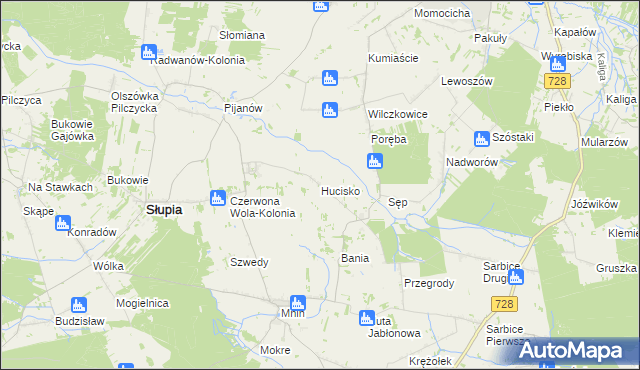 mapa Hucisko gmina Słupia Konecka, Hucisko gmina Słupia Konecka na mapie Targeo