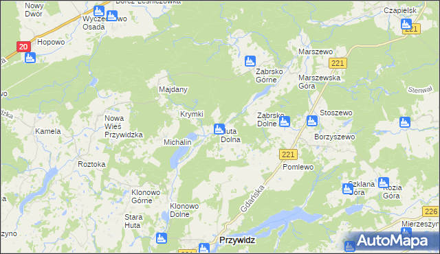 mapa Huta Dolna gmina Przywidz, Huta Dolna gmina Przywidz na mapie Targeo