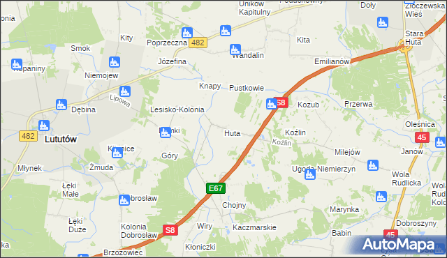 mapa Huta gmina Lututów, Huta gmina Lututów na mapie Targeo