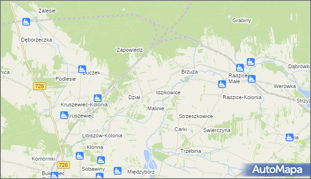 mapa Idzikowice gmina Drzewica, Idzikowice gmina Drzewica na mapie Targeo