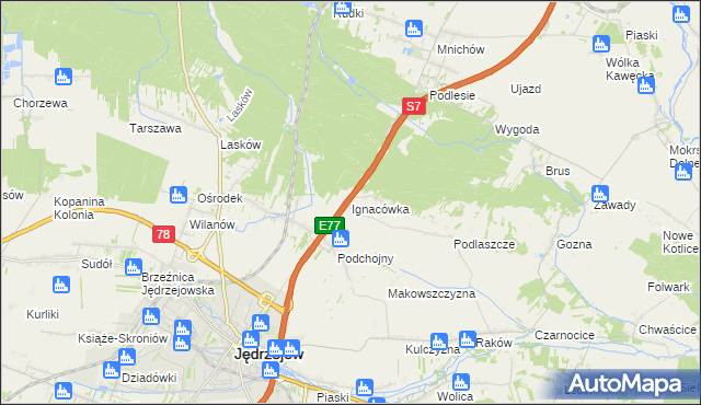 mapa Ignacówka gmina Jędrzejów, Ignacówka gmina Jędrzejów na mapie Targeo