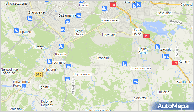 mapa Izabelin gmina Juchnowiec Kościelny, Izabelin gmina Juchnowiec Kościelny na mapie Targeo