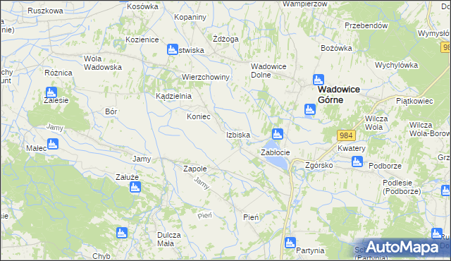 mapa Izbiska gmina Wadowice Górne, Izbiska gmina Wadowice Górne na mapie Targeo