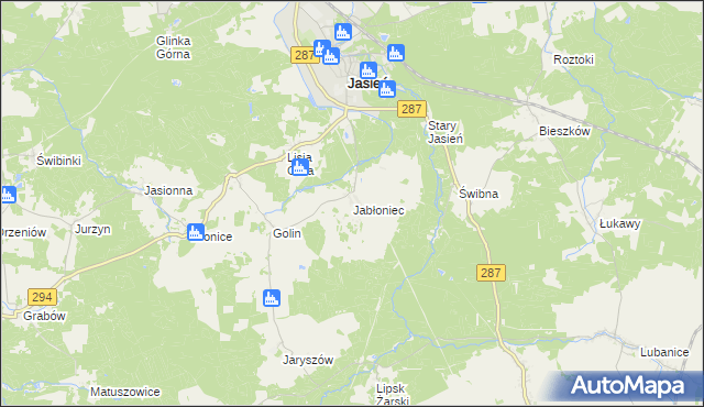 mapa Jabłoniec gmina Jasień, Jabłoniec gmina Jasień na mapie Targeo