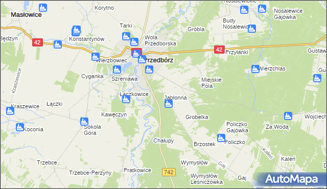 mapa Jabłonna gmina Przedbórz, Jabłonna gmina Przedbórz na mapie Targeo
