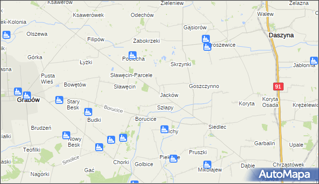 mapa Jacków gmina Daszyna, Jacków gmina Daszyna na mapie Targeo