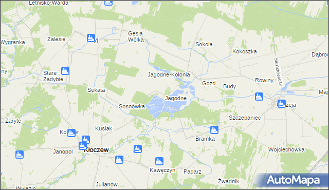 mapa Jagodne gmina Kłoczew, Jagodne gmina Kłoczew na mapie Targeo