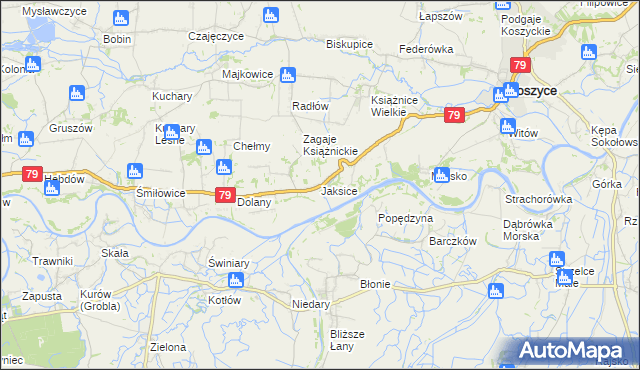mapa Jaksice gmina Koszyce, Jaksice gmina Koszyce na mapie Targeo