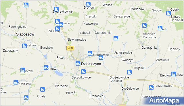 mapa Jakubowice gmina Działoszyce, Jakubowice gmina Działoszyce na mapie Targeo