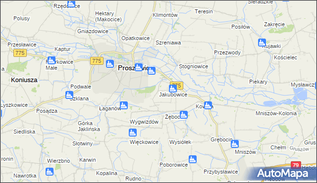 mapa Jakubowice gmina Proszowice, Jakubowice gmina Proszowice na mapie Targeo