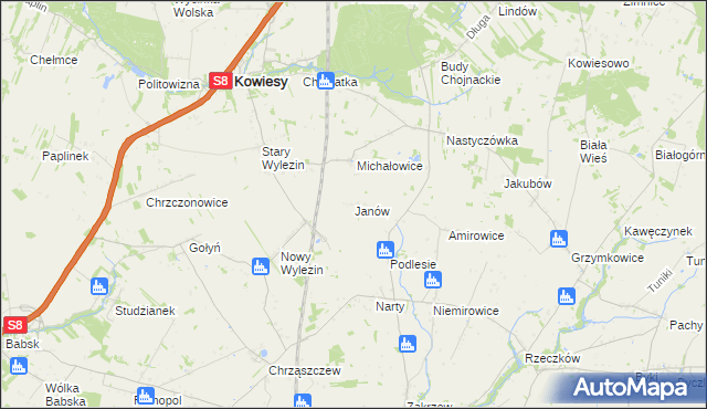 mapa Janów gmina Kowiesy, Janów gmina Kowiesy na mapie Targeo