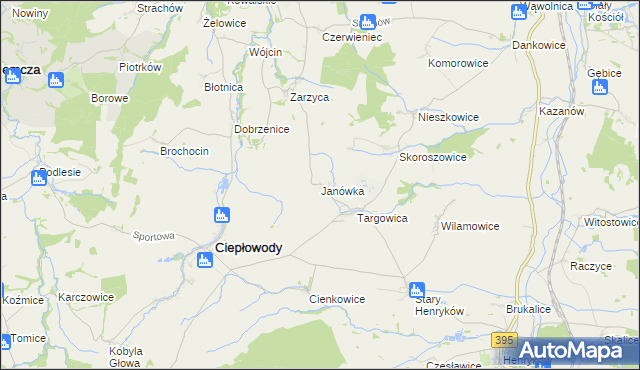 mapa Janówka gmina Ciepłowody, Janówka gmina Ciepłowody na mapie Targeo
