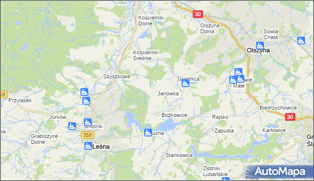 mapa Janówka gmina Leśna, Janówka gmina Leśna na mapie Targeo