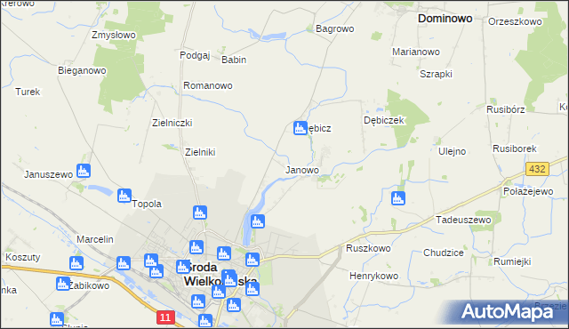 mapa Janowo gmina Środa Wielkopolska, Janowo gmina Środa Wielkopolska na mapie Targeo