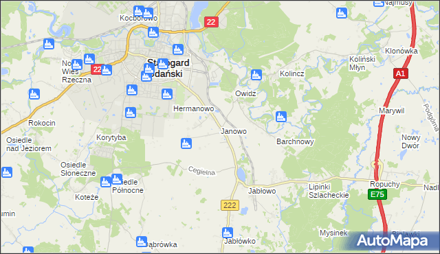 mapa Janowo gmina Starogard Gdański, Janowo gmina Starogard Gdański na mapie Targeo