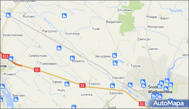 mapa Januszewo gmina Środa Wielkopolska, Januszewo gmina Środa Wielkopolska na mapie Targeo