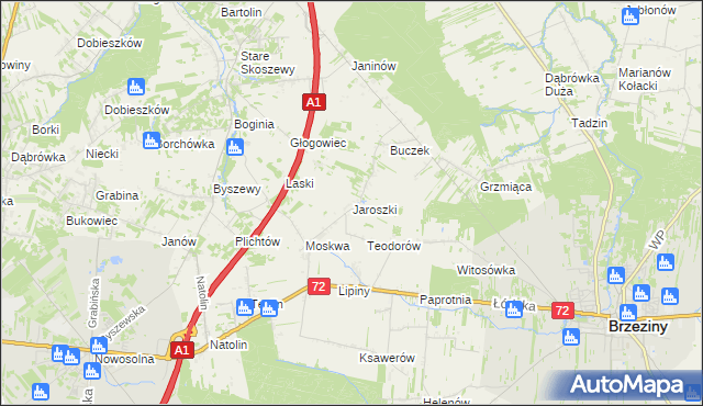 mapa Jaroszki gmina Brzeziny, Jaroszki gmina Brzeziny na mapie Targeo