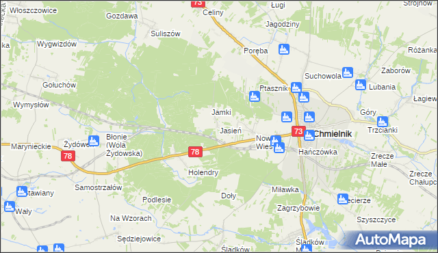 mapa Jasień gmina Chmielnik, Jasień gmina Chmielnik na mapie Targeo